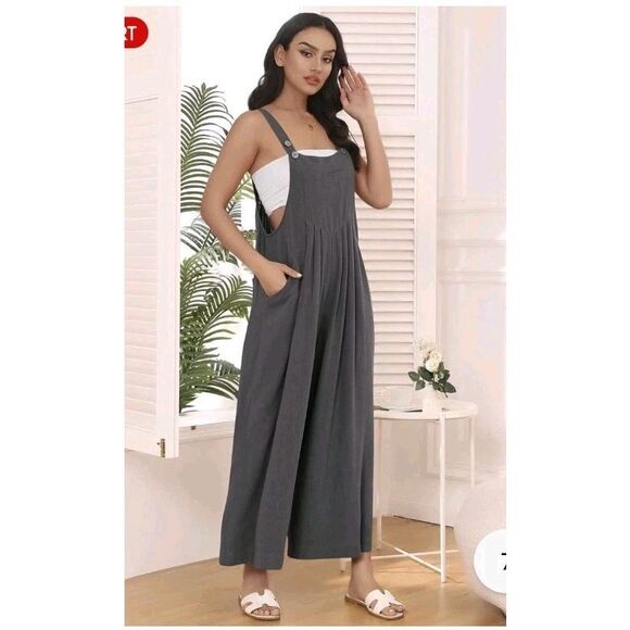 Boho Lagenlook Women Overalls L Large Wide Leg Casual Bib 100% Cotton Jumpsuit - Picture 1 of 8